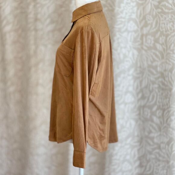 NWT Grace Faux Suede Button Down Shirt‎ Tan Long Sleeve Collared Size XS - Picture 4 of 8